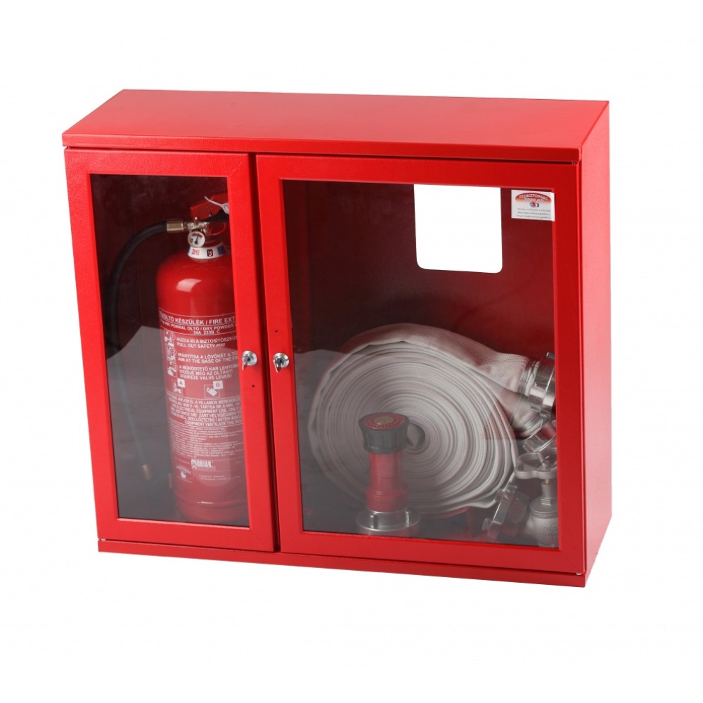 Cutie hidrant cu furtun plat si locas de stingator 800x650x200 echipata – aviz CE cu tambur si robinet de bronz