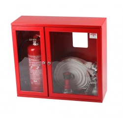 Cutie hidrant cu furtun plat si locas de stingator 800x650x200 echipata – aviz CE cu tambur si robinet de bronz